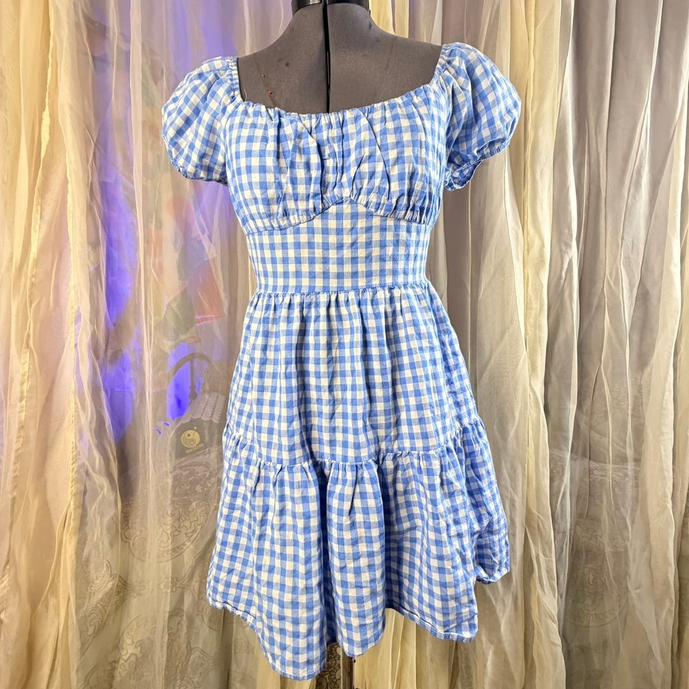 Zaful Blue Gingham Puff Sleeve Tiered Mini Dress Cottage core Summer Checkered